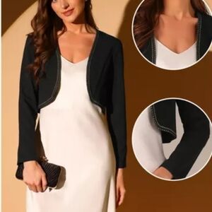 Nwt Allegra K Women's Long Sleeve Cropped Contrast Trim Bolero Casual Work